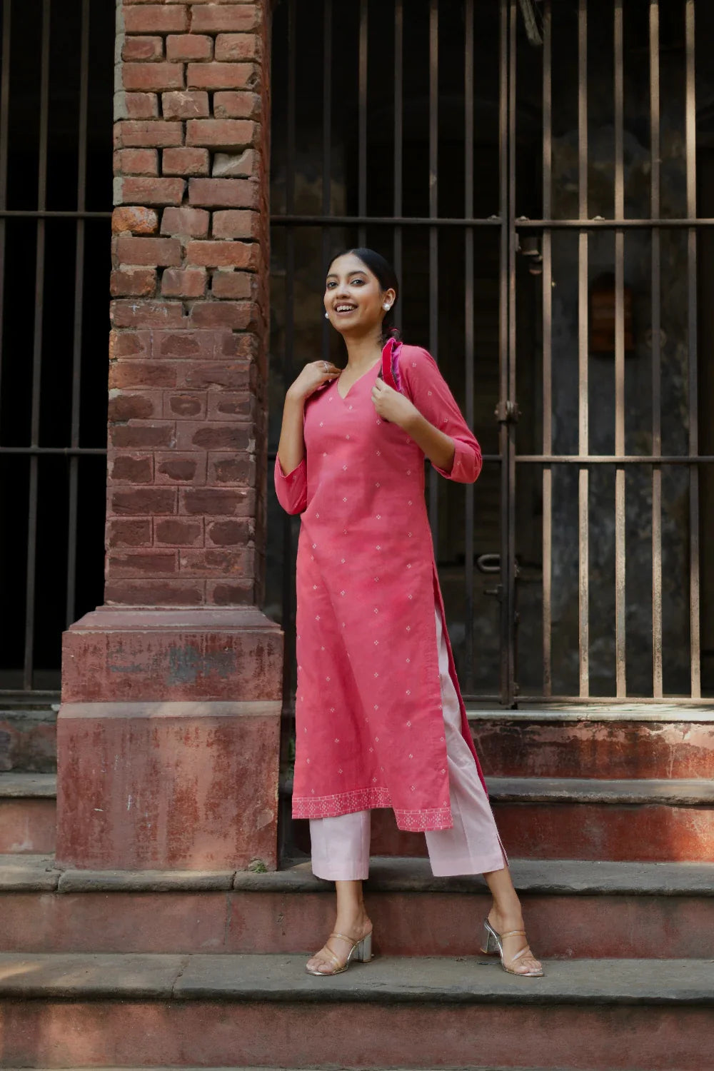 Flamingo Pink Pure South Cotton Woven Kurta Set with Dupatta