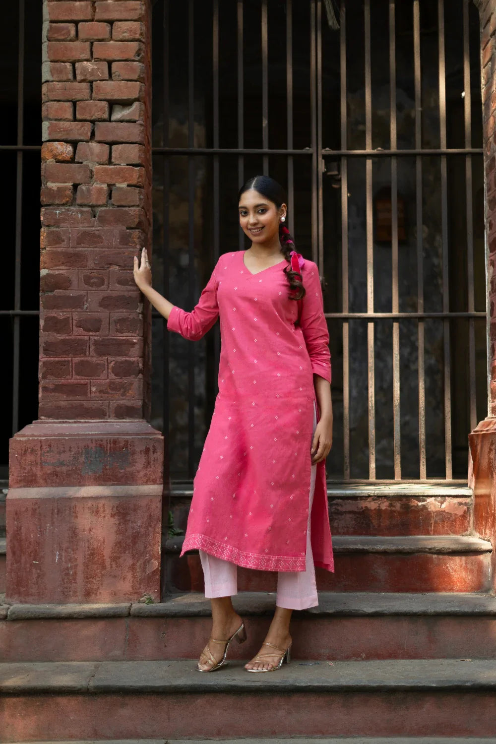 Flamingo Pink Pure South Cotton Woven Kurta Set with Dupatta
