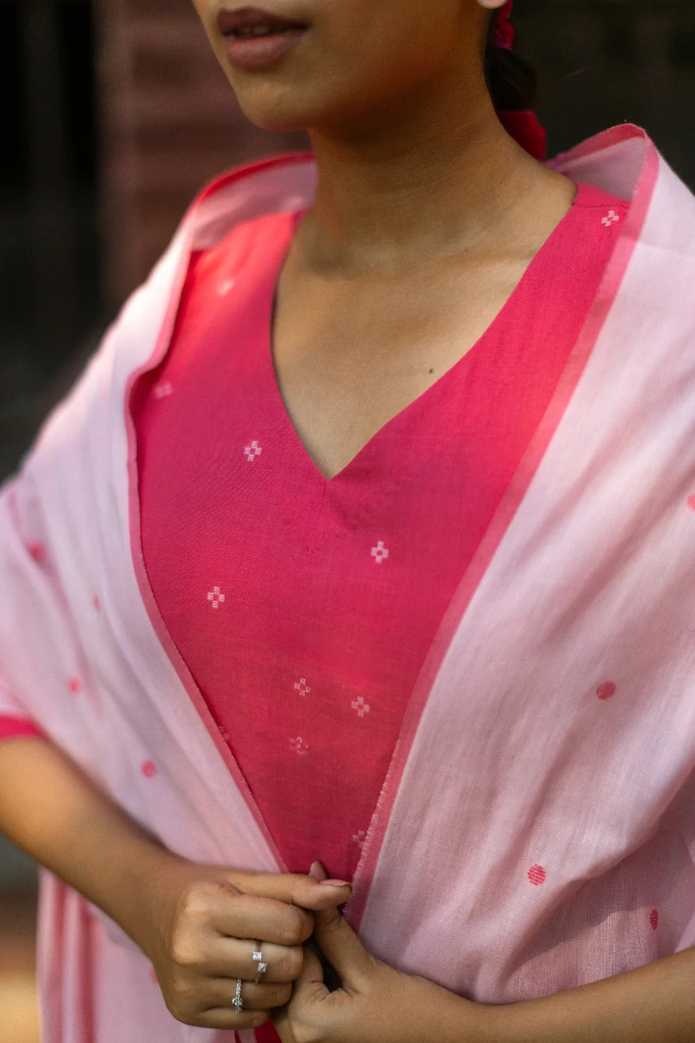 Flamingo Pink Pure South Cotton Woven Kurta Set with Dupatta