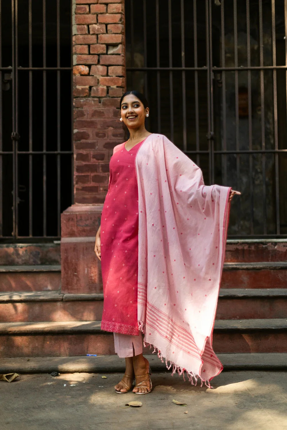 Flamingo Pink Pure South Cotton Woven Kurta Set with Dupatta
