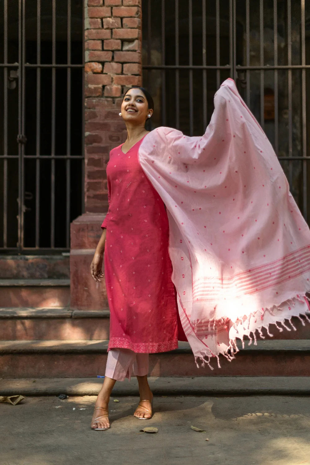 Flamingo Pink Pure South Cotton Woven Kurta Set with Dupatta