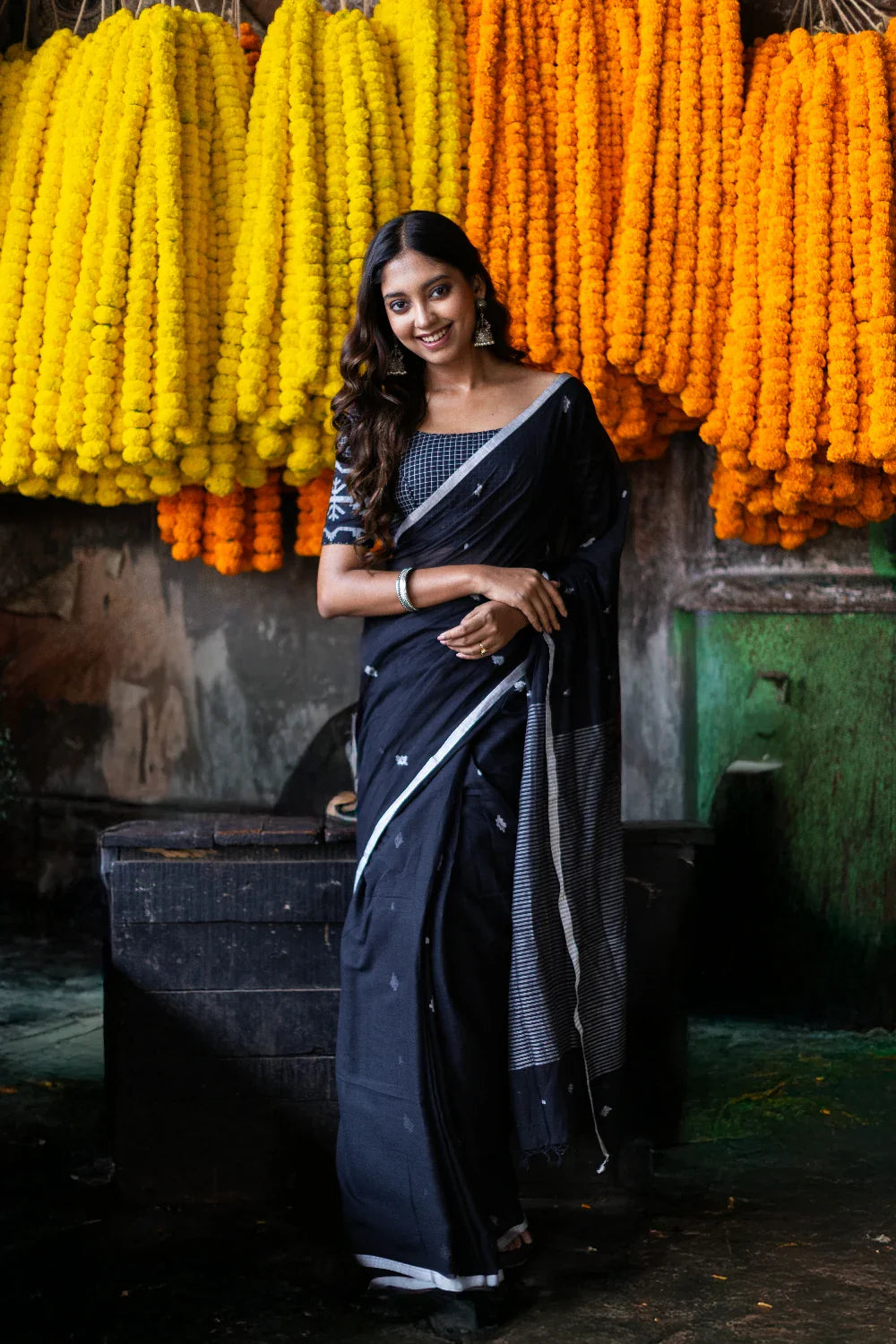 Handloom Black Pure Mul Cotton Jamdani Saree with White Motifs
