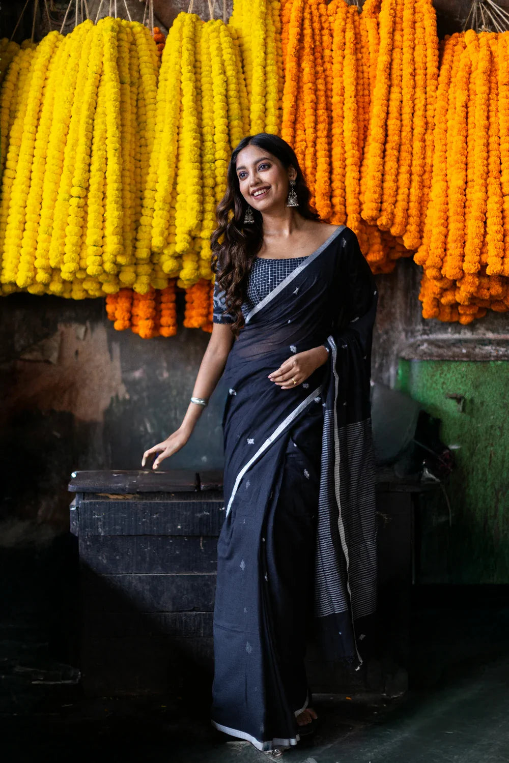 Handloom Black Pure Mul Cotton Jamdani Saree with White Motifs