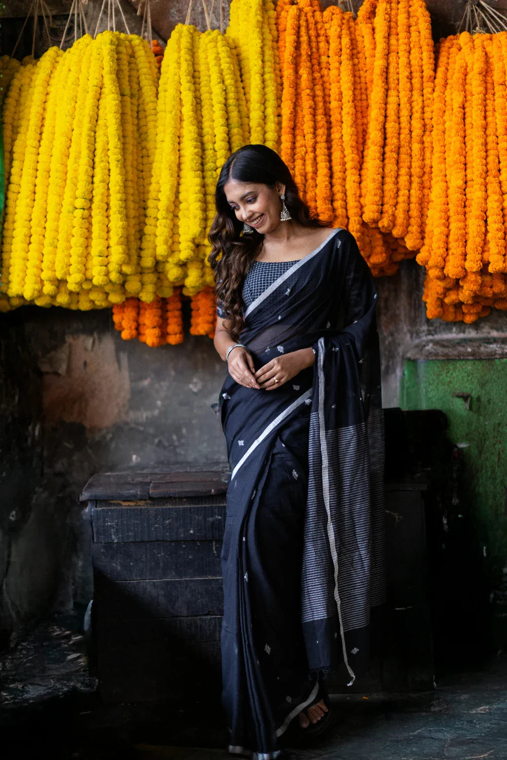 Handloom Black Pure Mul Cotton Jamdani Saree with White Motifs