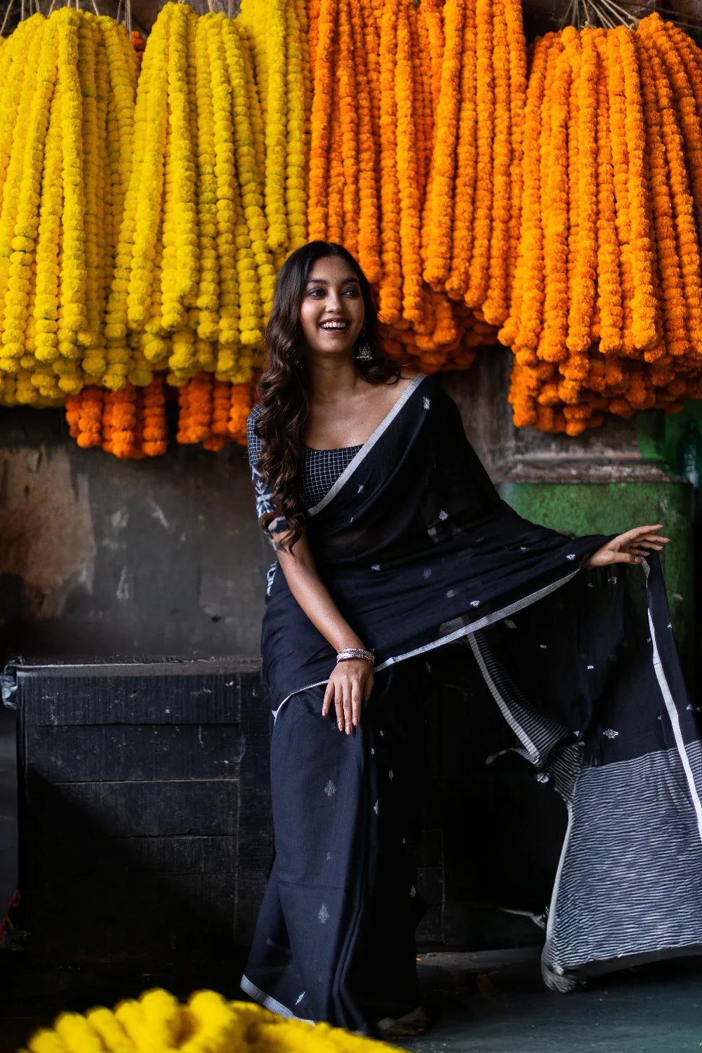 Handloom Black Pure Mul Cotton Jamdani Saree with White Motifs