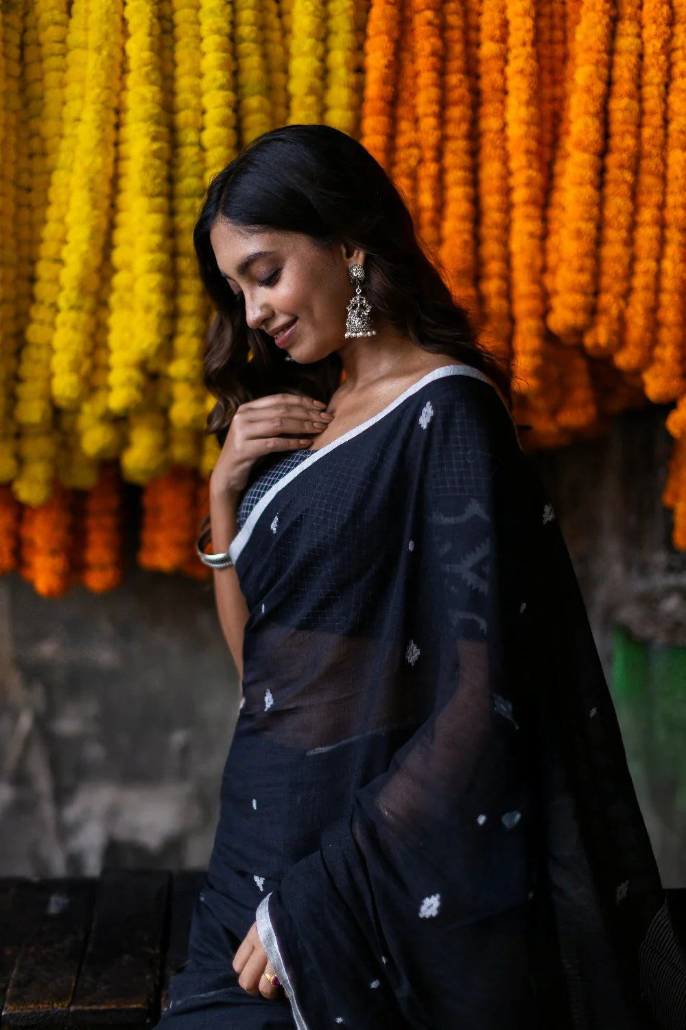 Handloom Black Pure Mul Cotton Jamdani Saree with White Motifs