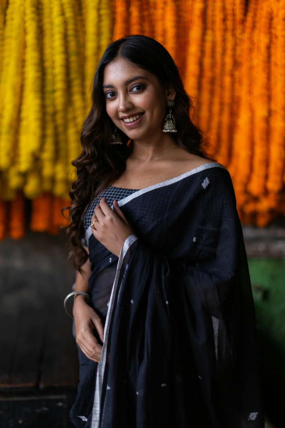 Handloom Black Pure Mul Cotton Jamdani Saree with White Motifs