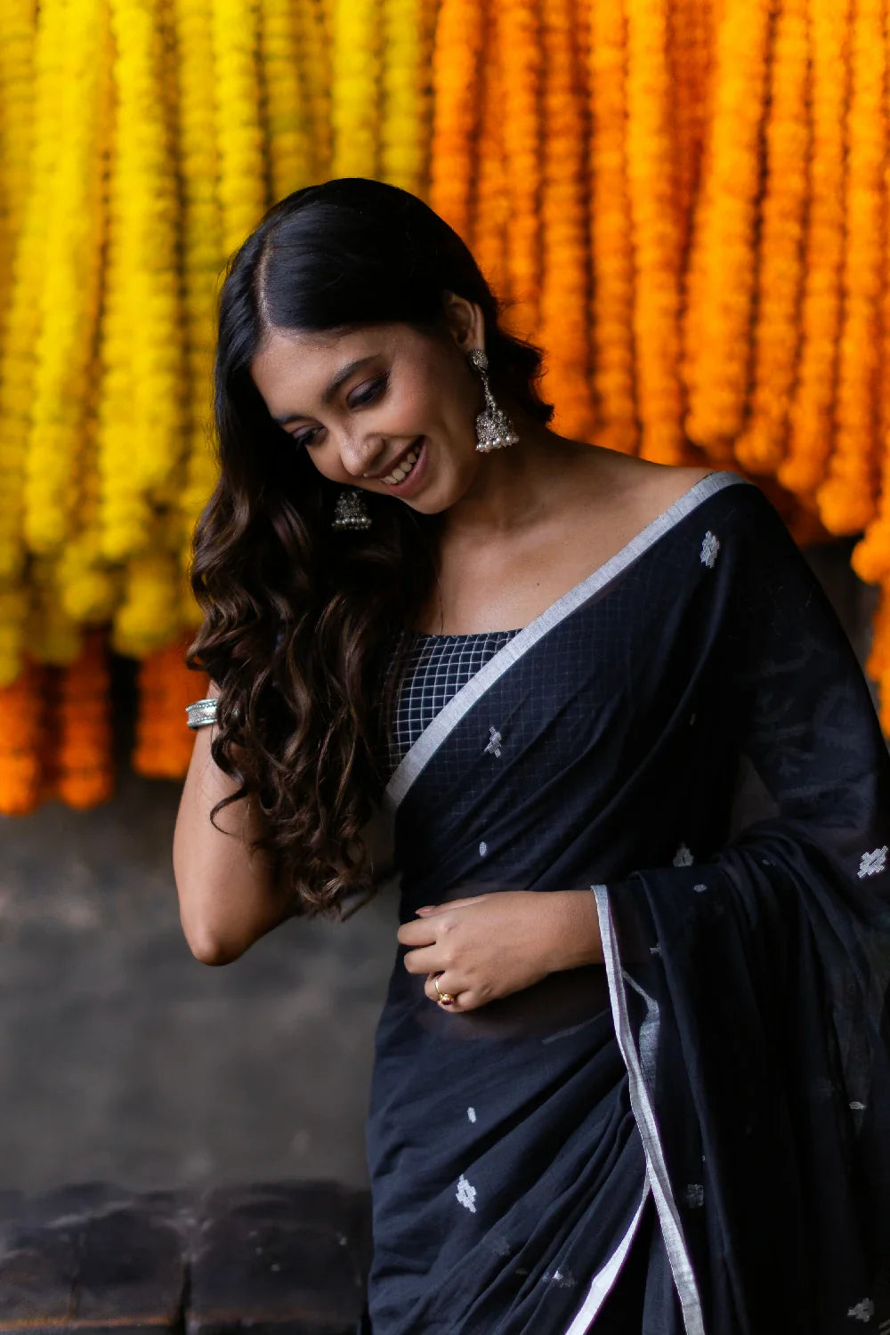 Handloom Black Pure Mul Cotton Jamdani Saree with White Motifs