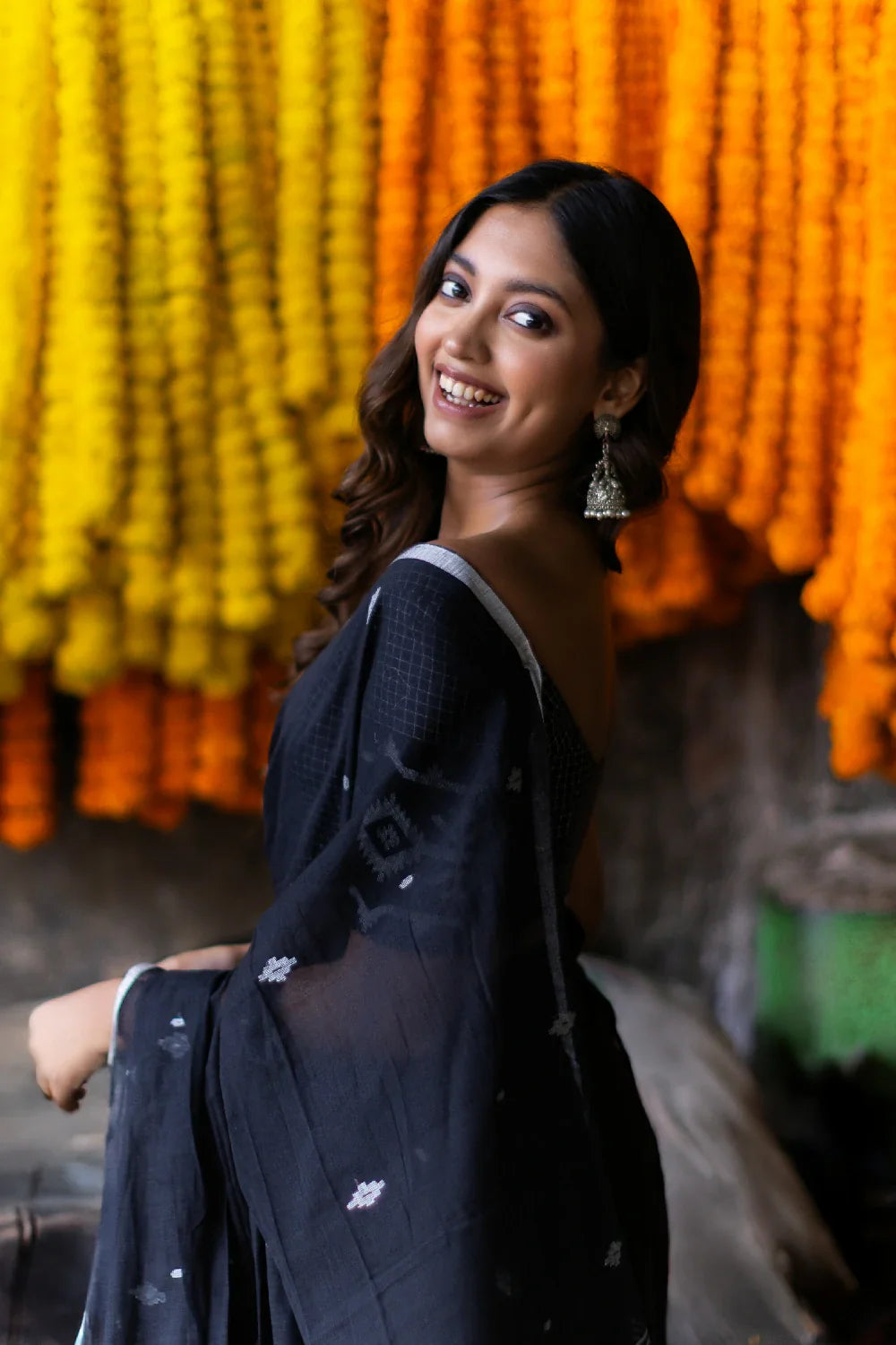 Handloom Black Pure Mul Cotton Jamdani Saree with White Motifs