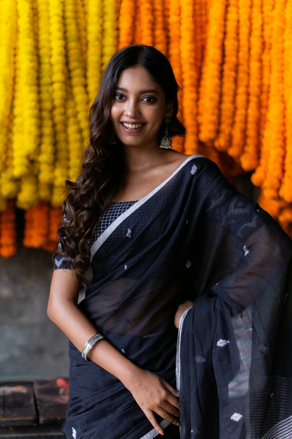 Handloom Black Pure Mul Cotton Jamdani Saree with White Motifs