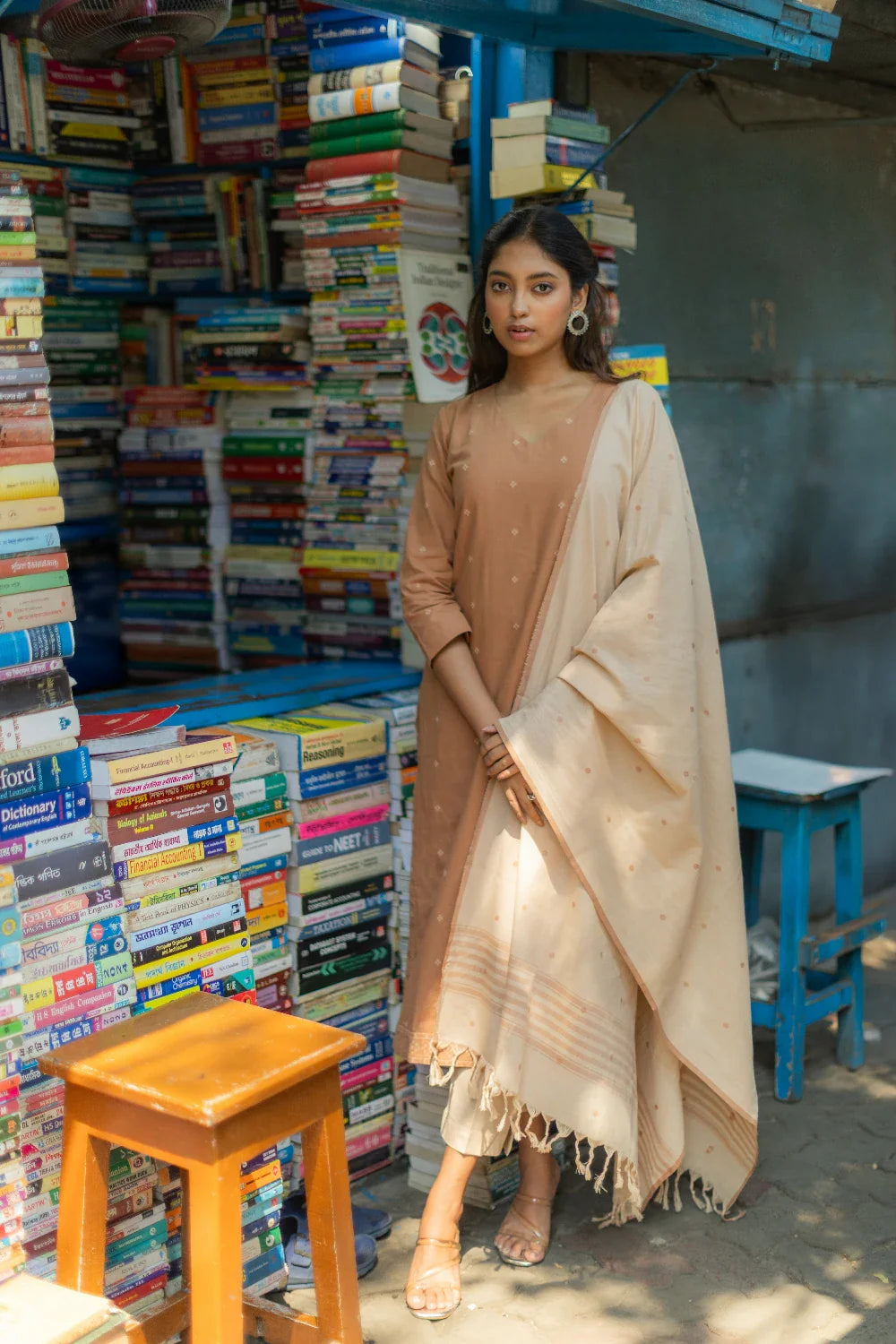 Biscuit Beige Pure South Cotton Woven Kurta Set with Dupatta