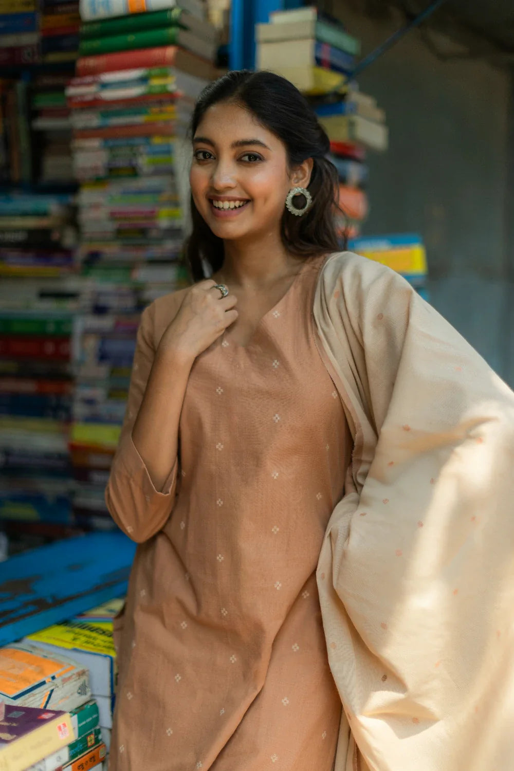 Biscuit Beige Pure South Cotton Woven Kurta Set with Dupatta