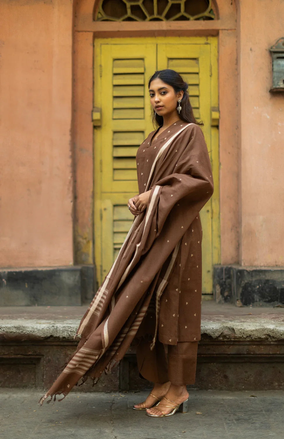 Chocolate Brown Pure South Cotton Woven Kurta Set with Dupatta