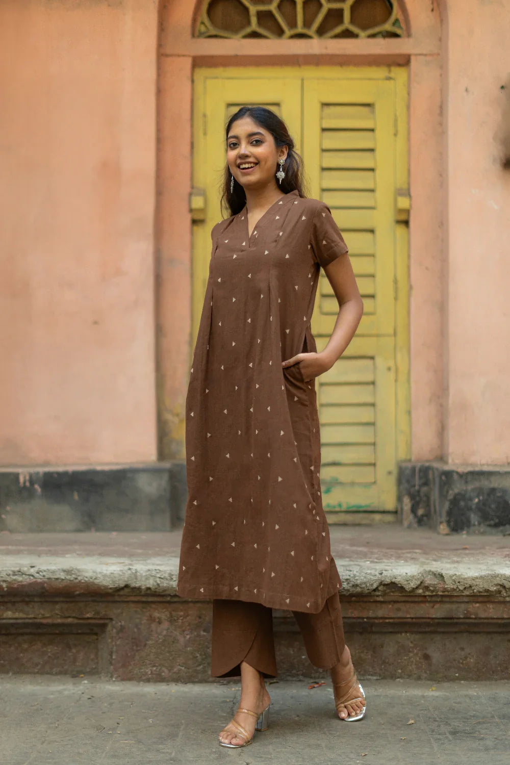 Chocolate Brown Pure South Cotton Woven Kurta Set with Dupatta