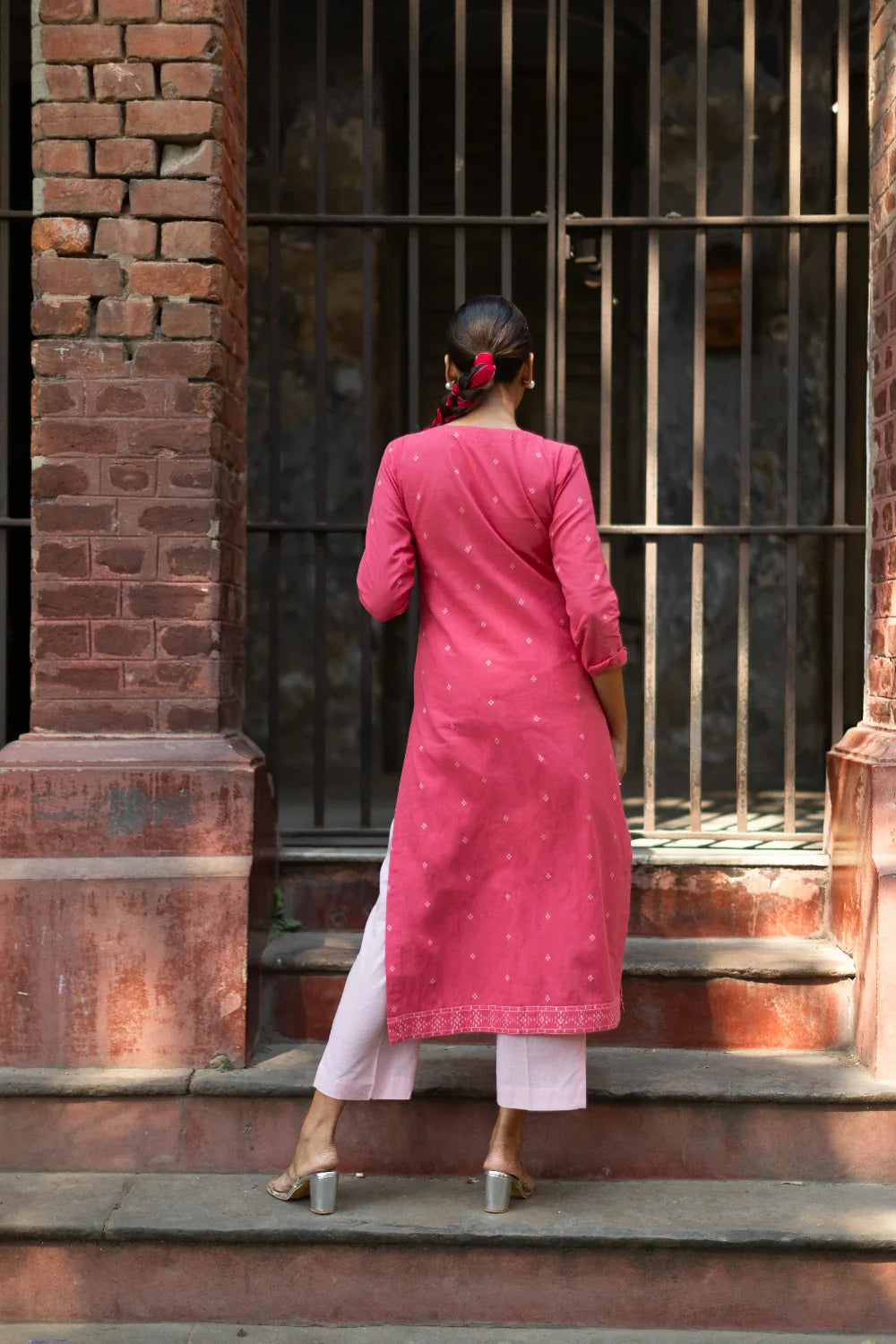 Flamingo Pink Pure South Cotton Woven Kurta Set with Dupatta