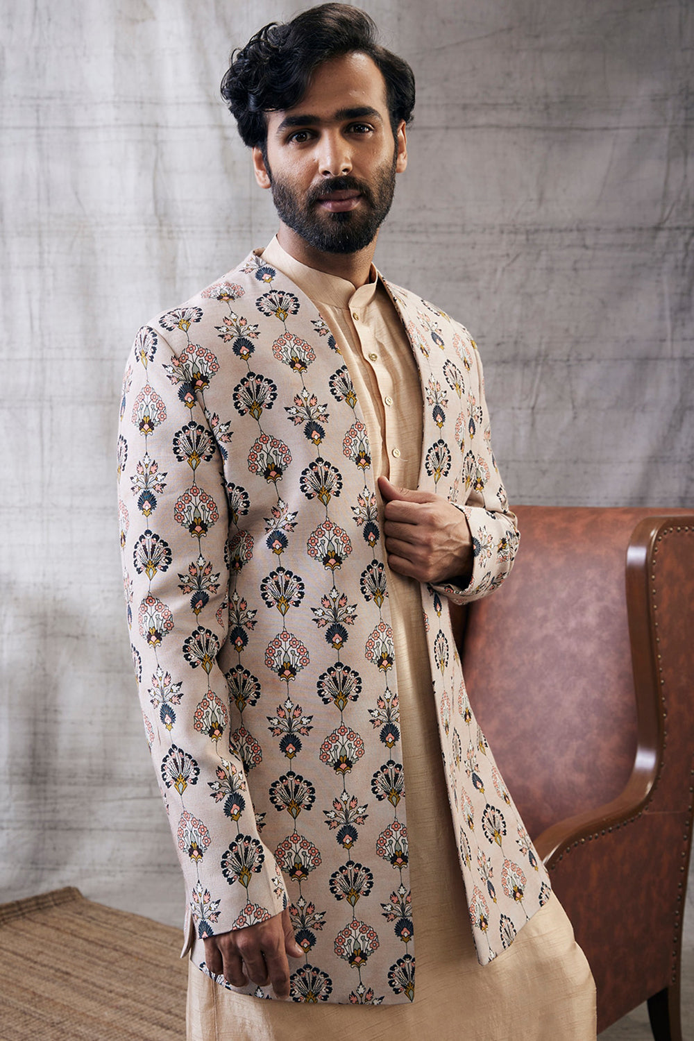 Sarouk Printed Longline Jacket With Kurta Set