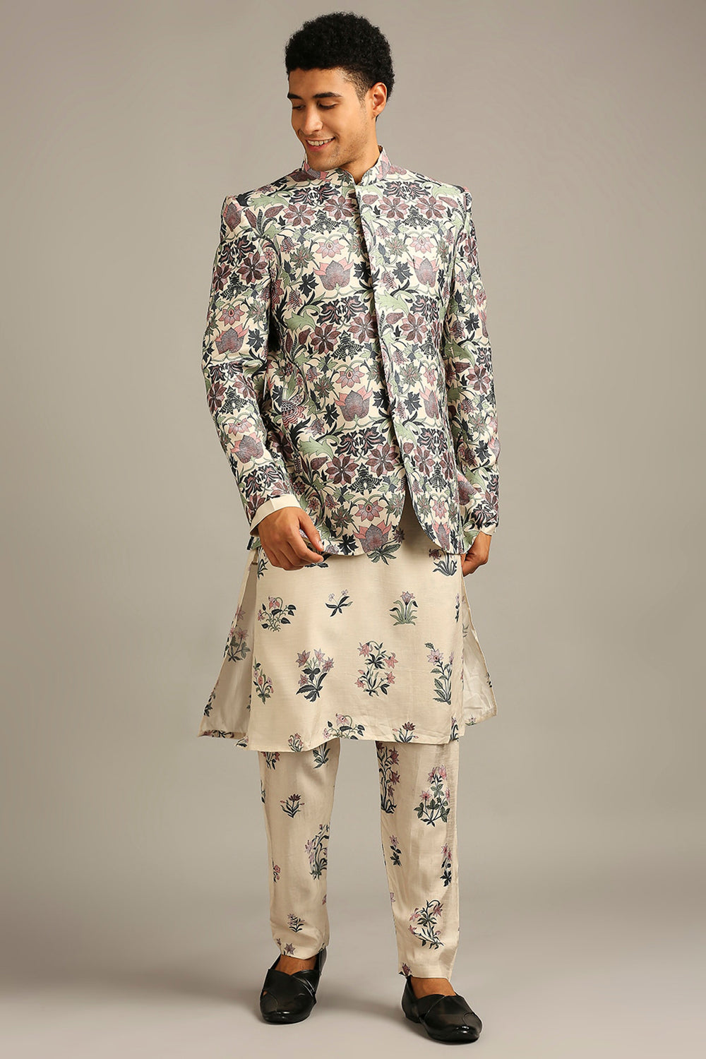 Pastel Floral Printed Jacket With Kurta Set