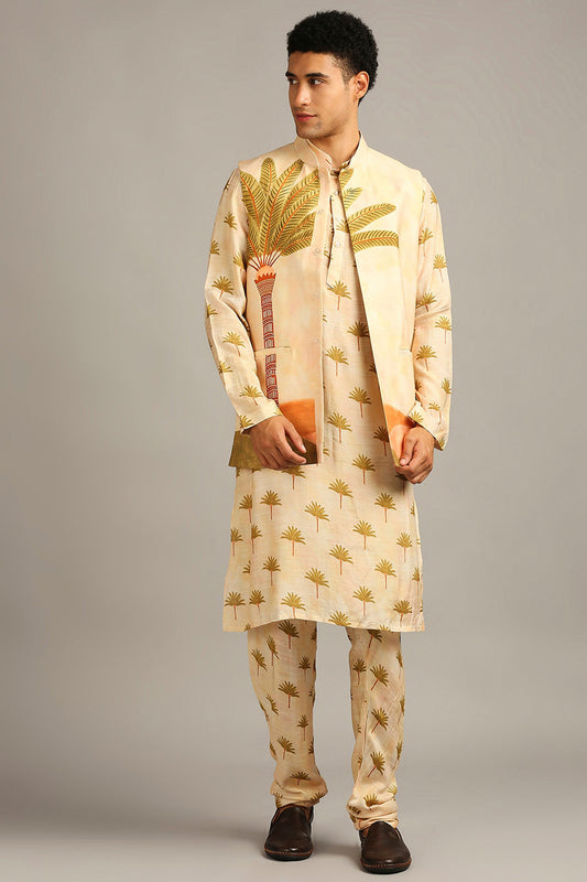 Conversational Printed Longline Jacket With Kurta Set