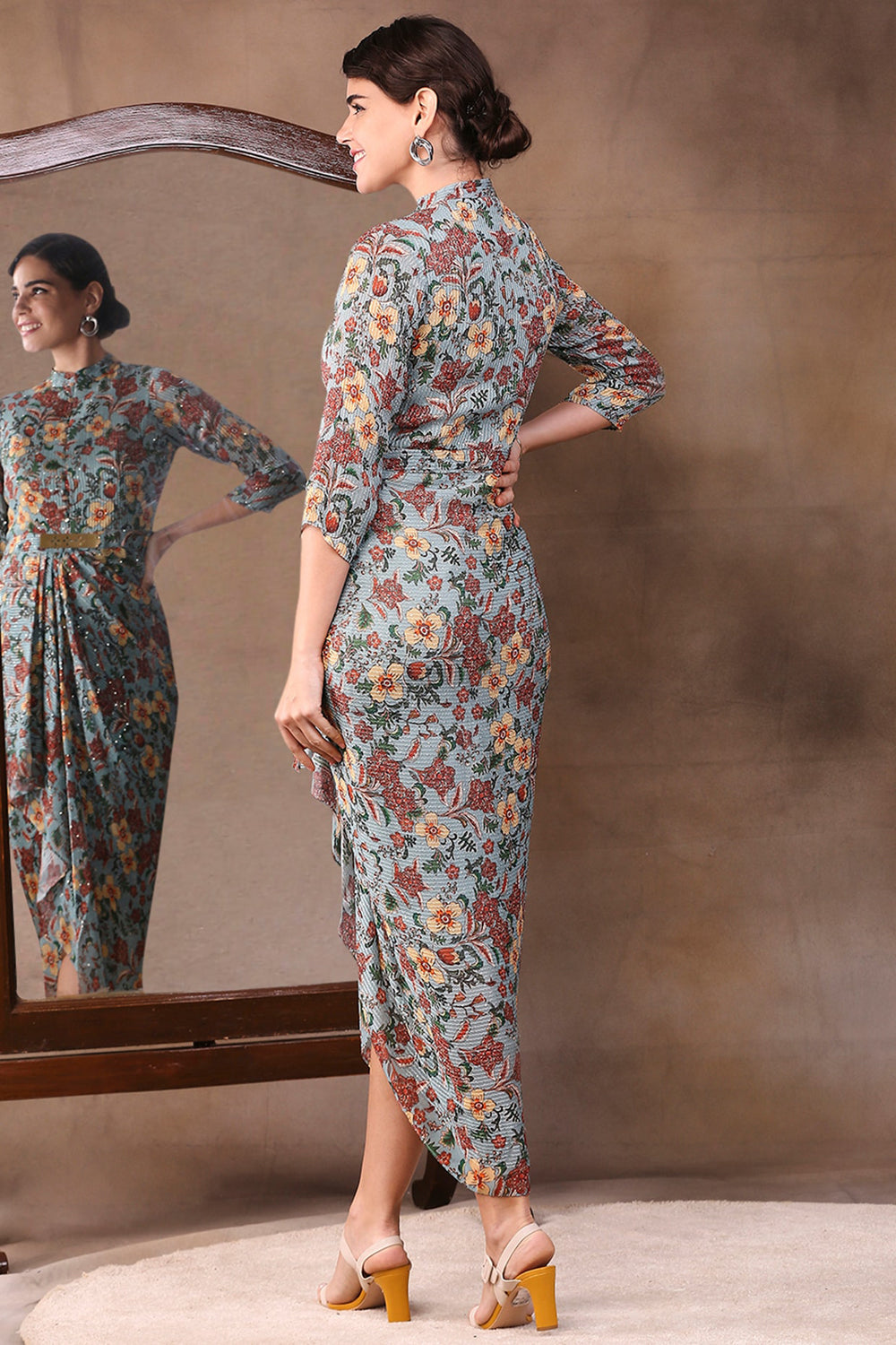 Azalea Printed Sequin Drape Dress With Metal Belt