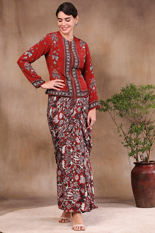 Night Floral Printed Drape Skirt With Jacket