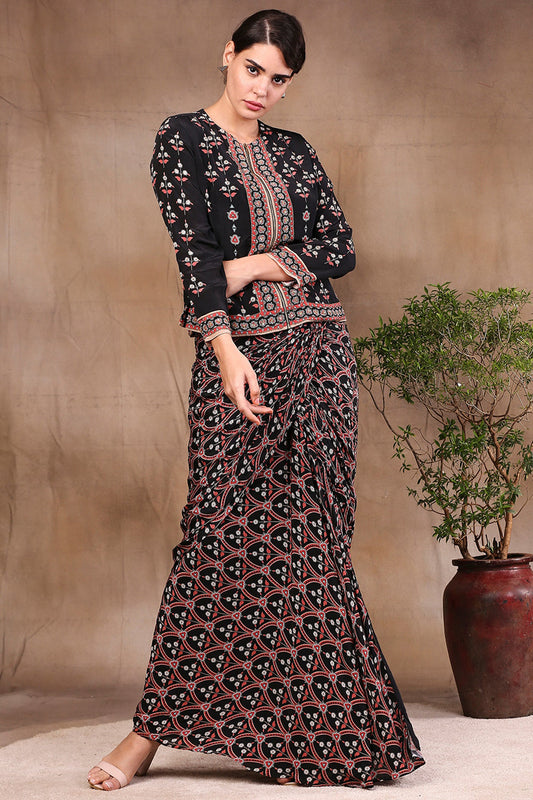 Ethnic Folklore Printed Drape Skirt With Jacket