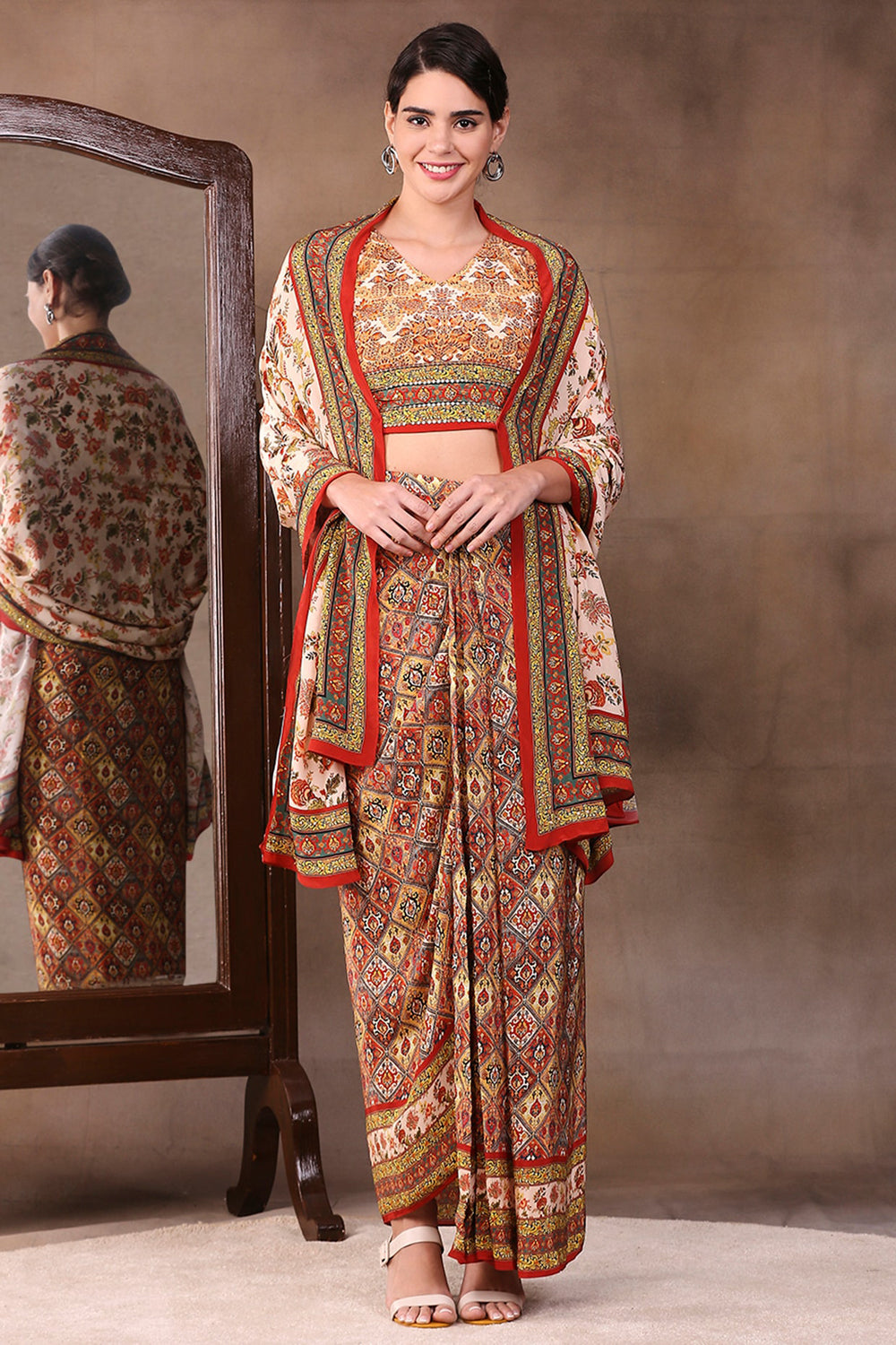 Ethnic Folklore Printed Drape Skirt Set With Dupatta