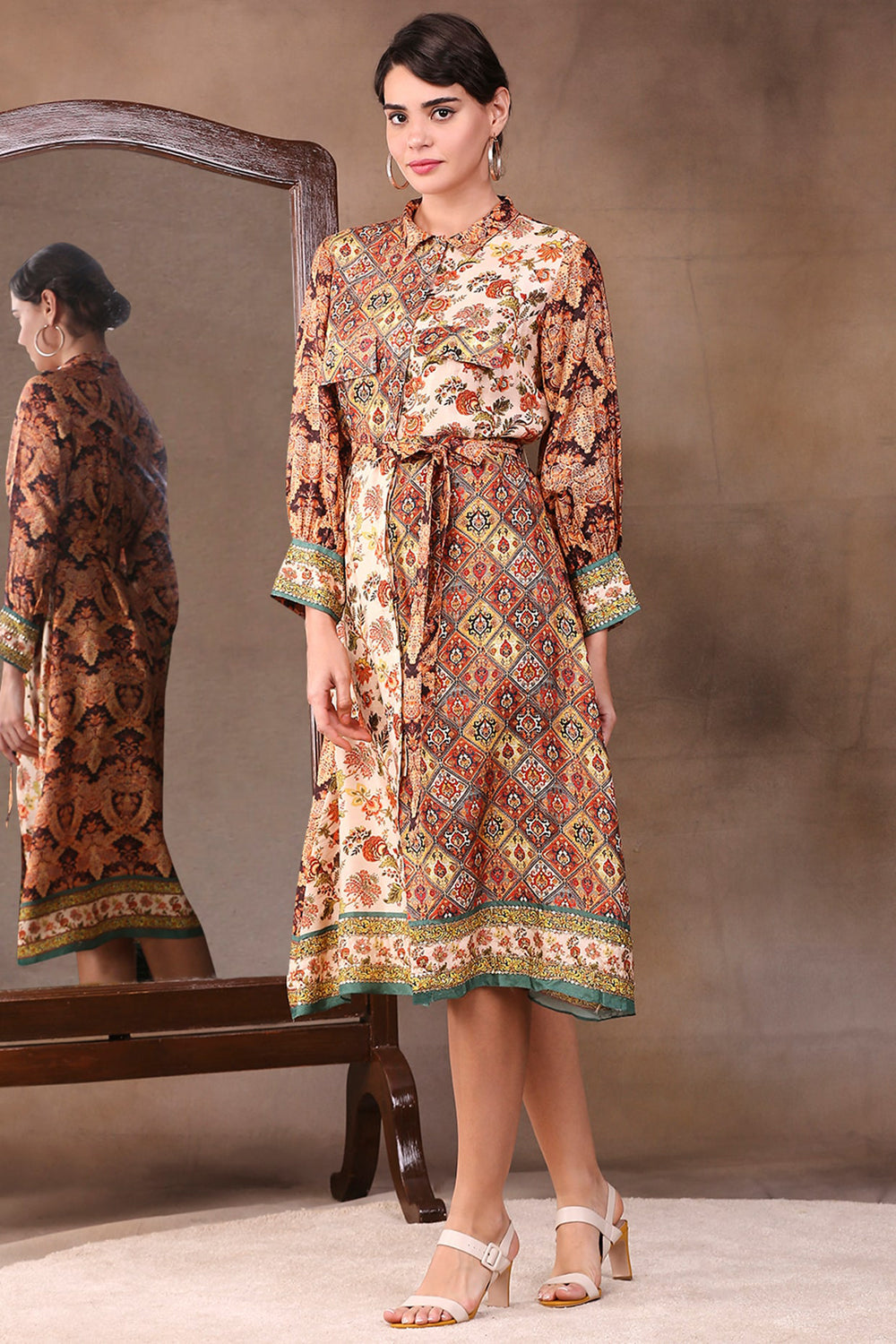 Ethnic Folklore Printed Shirt Dress With Waist Tie-Up