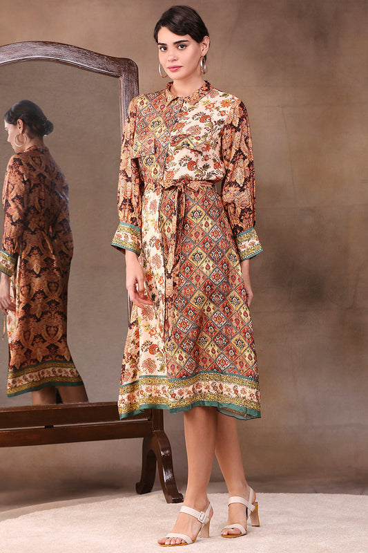 Ethnic Folklore Printed Shirt Dress With Waist Tie-Up