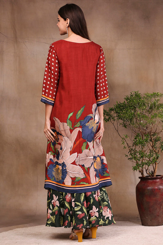 Red Orchid Bloom Printed Kurta With Draped Pants