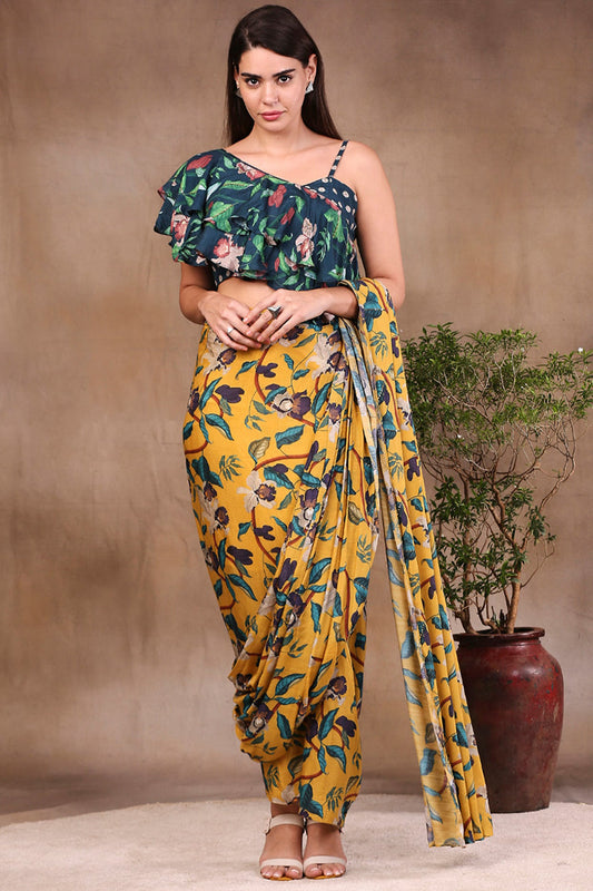 Orchid Bloom Printed Pre-Stitched Saree With Crop Top