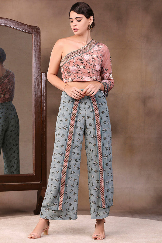 Vintage  Trails Printed One Shoulder Embroidered Top With Pant