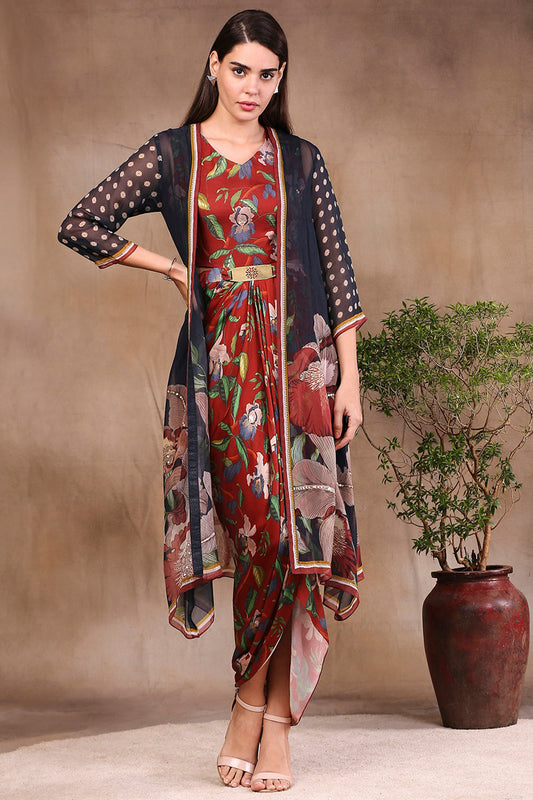 Orchid Bloom Printed Drape Dress With Straight Jacket