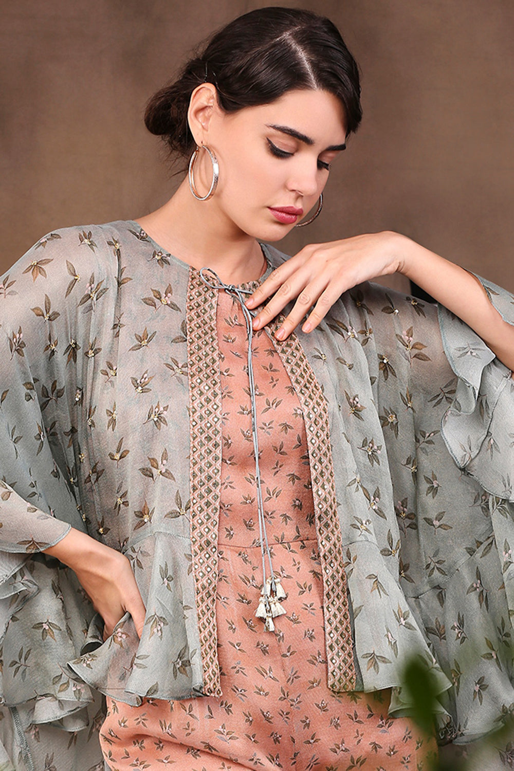 Vintage Trails Printed Jumpsuit With High-Low Cape