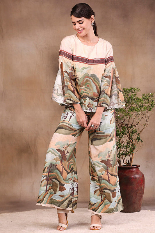 Conversational Printed Pant With Slited Sleeves Top