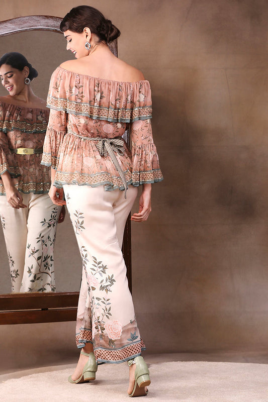 Vintage Trails Printed Off-Shoulder Embroidered Top With Flared Pants
