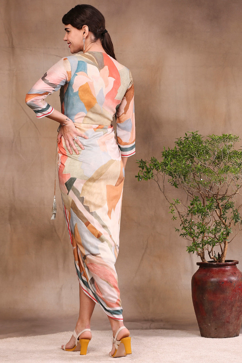 Multi Colour Conversational Printed Overlap Drape Dress