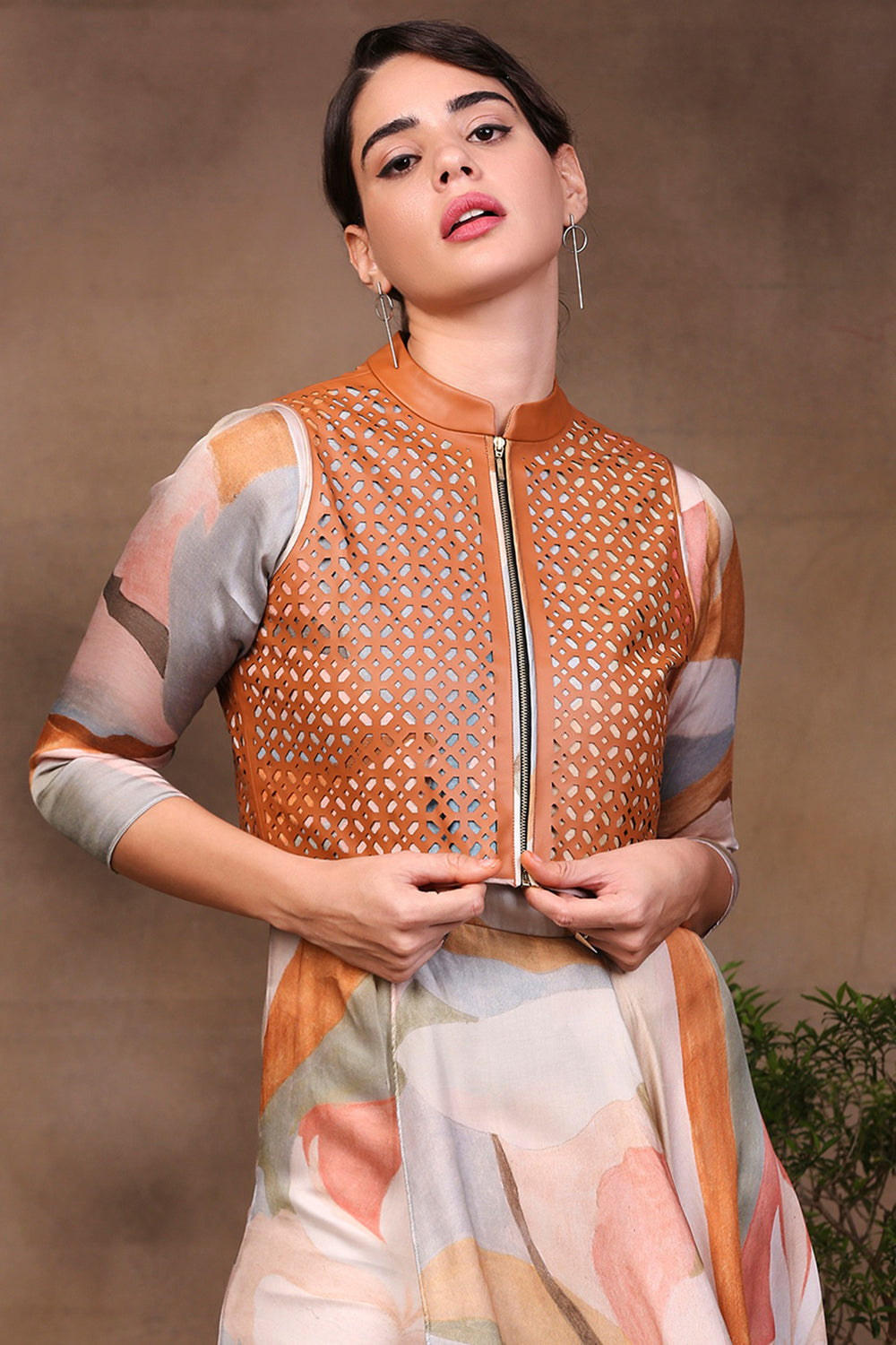 Conversational Printed Jumpsuit With Leather Jacket