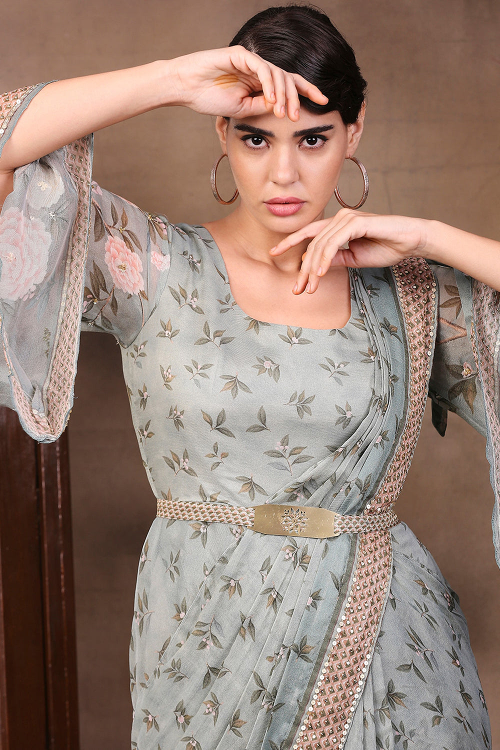 Vintage Trails Printed Pre-Stitched Saree Dress With Metal Belt