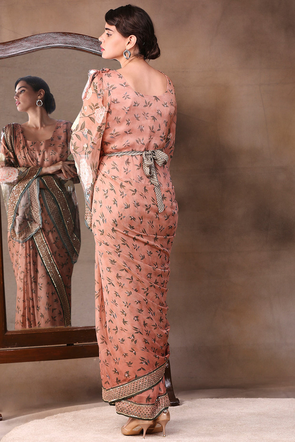 Vintage Trails Printed Pre-Stitched Saree Dress With Metal Belt