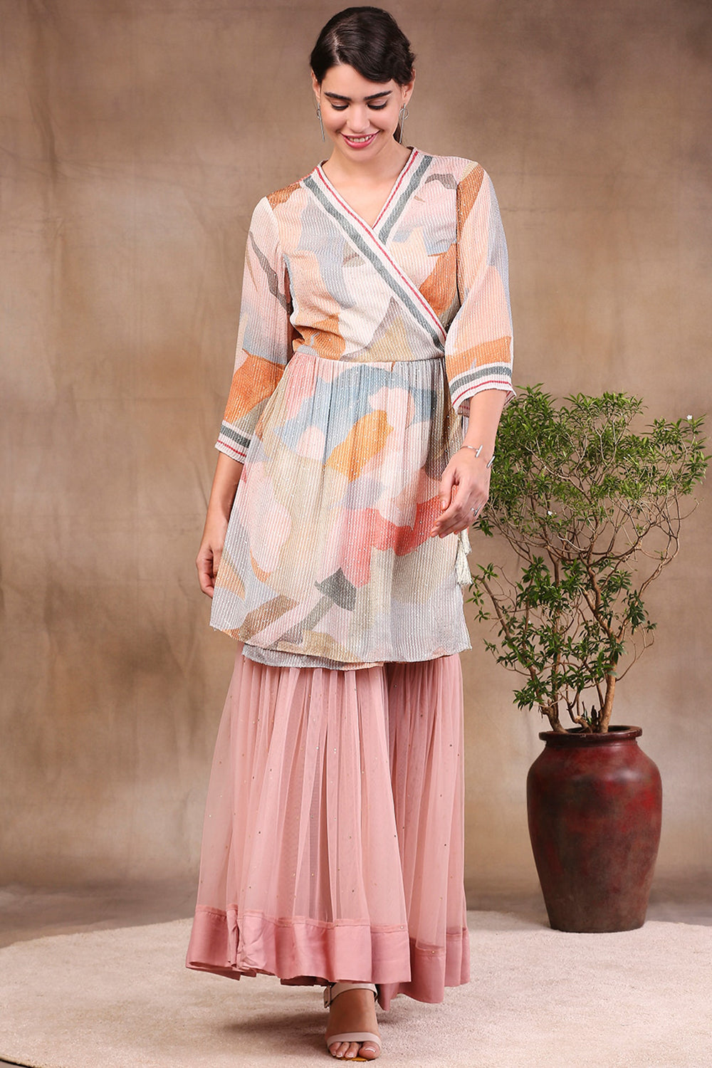 Conversational Printed Sequin Top With Sharara Pants