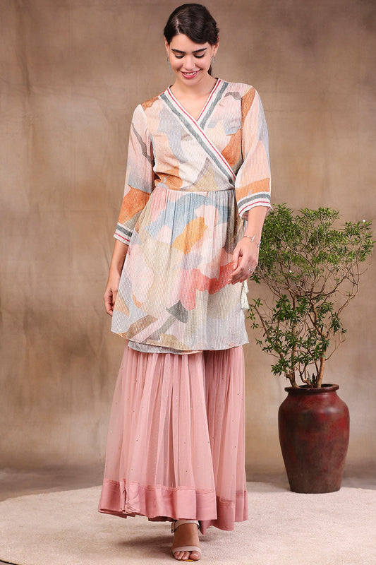 Conversational Printed Sequin Top With Sharara Pants