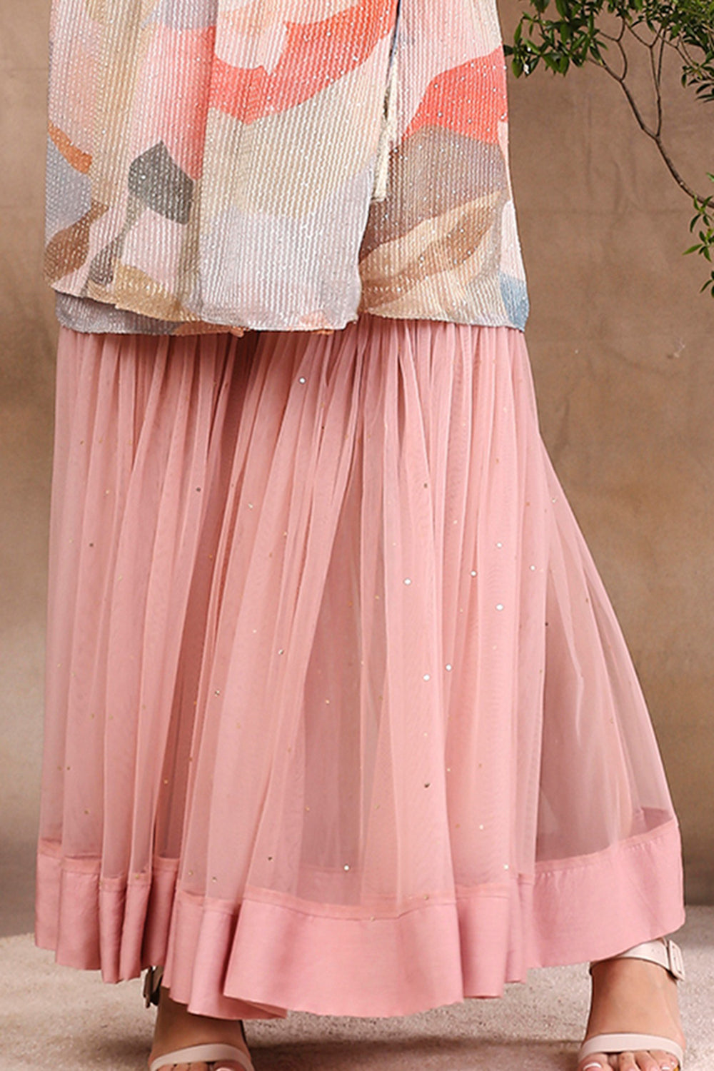 Conversational Printed Sequin Top With Sharara Pants