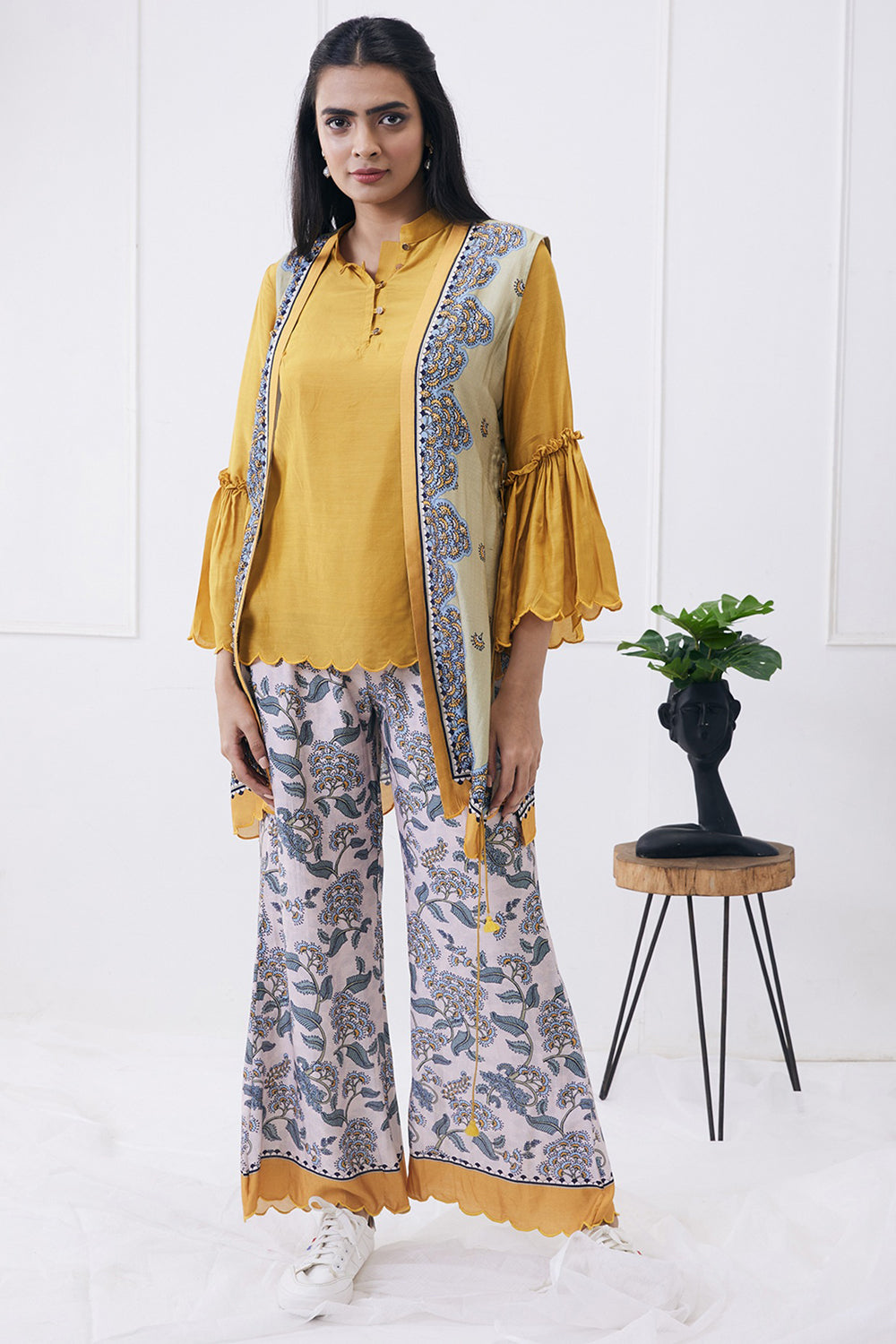Yellow Yasmin Printed Co-Ord Set With Jacket