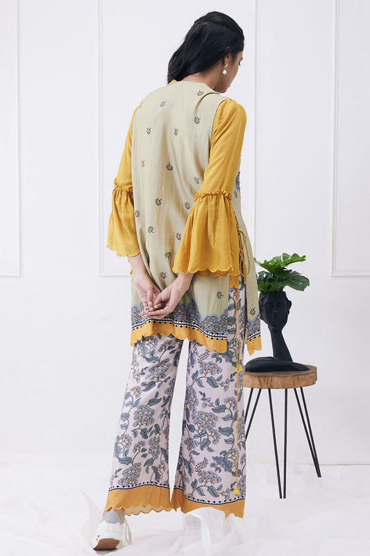 Yellow Yasmin Printed Co-Ord Set With Jacket