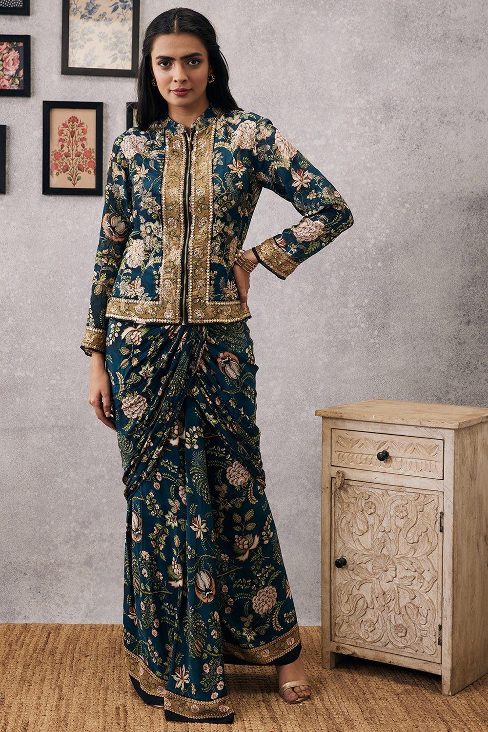 Mehr Embroidered Jacket With Drape Skirt