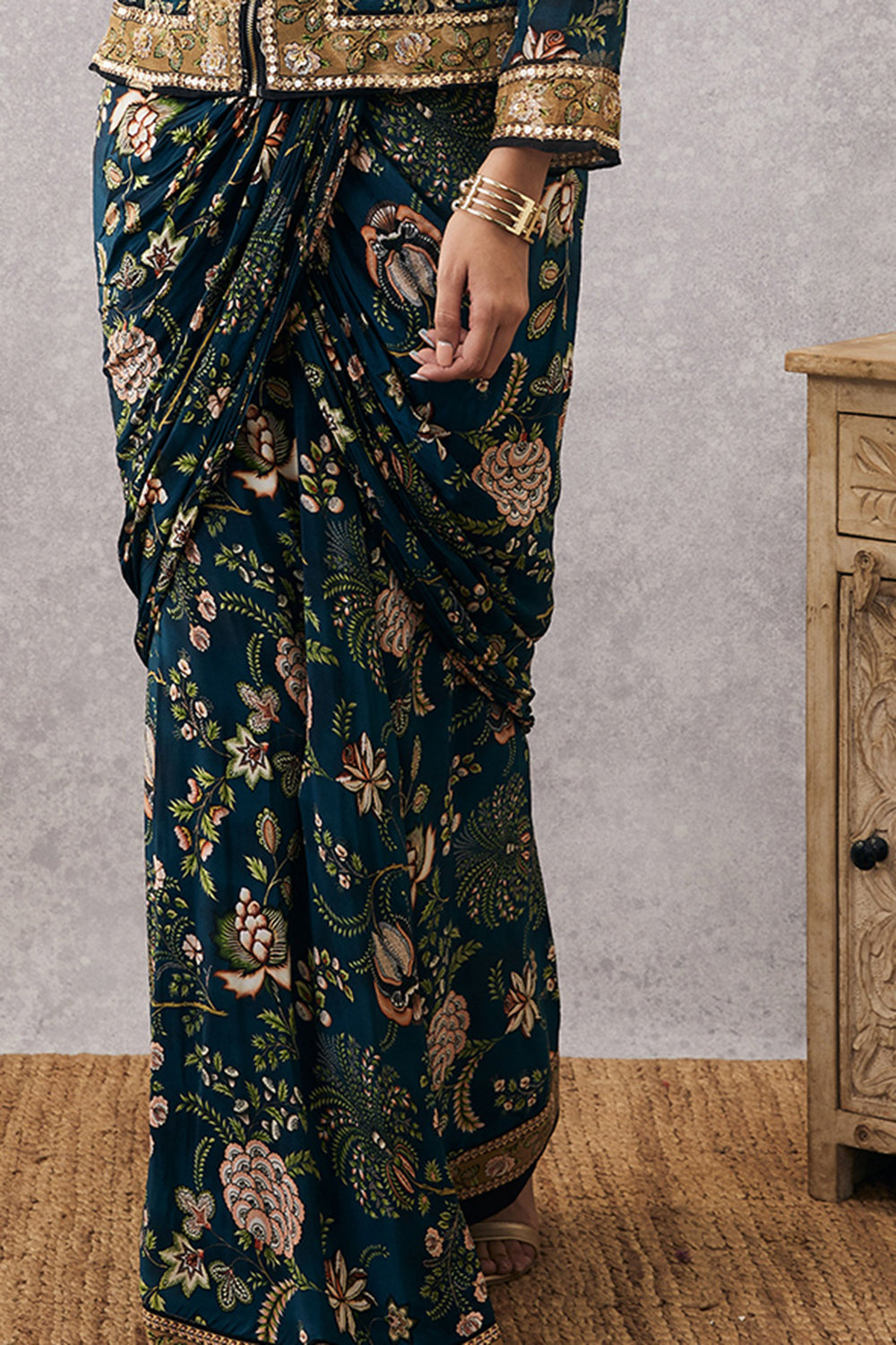 Mehr Embroidered Jacket With Drape Skirt