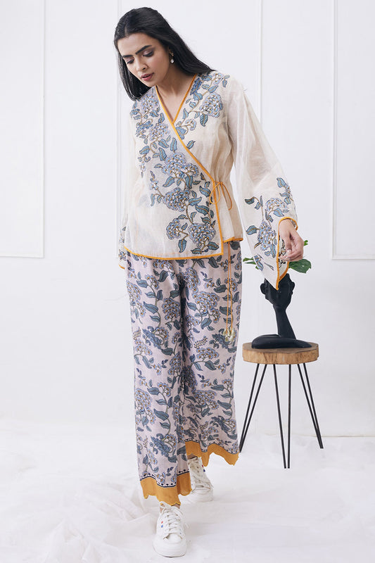 Cream Yasmin Printed Overlapped Top With Pants