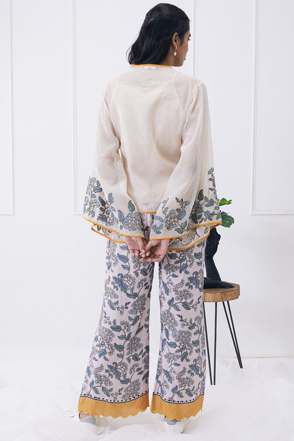 Cream Yasmin Printed Overlapped Top With Pants