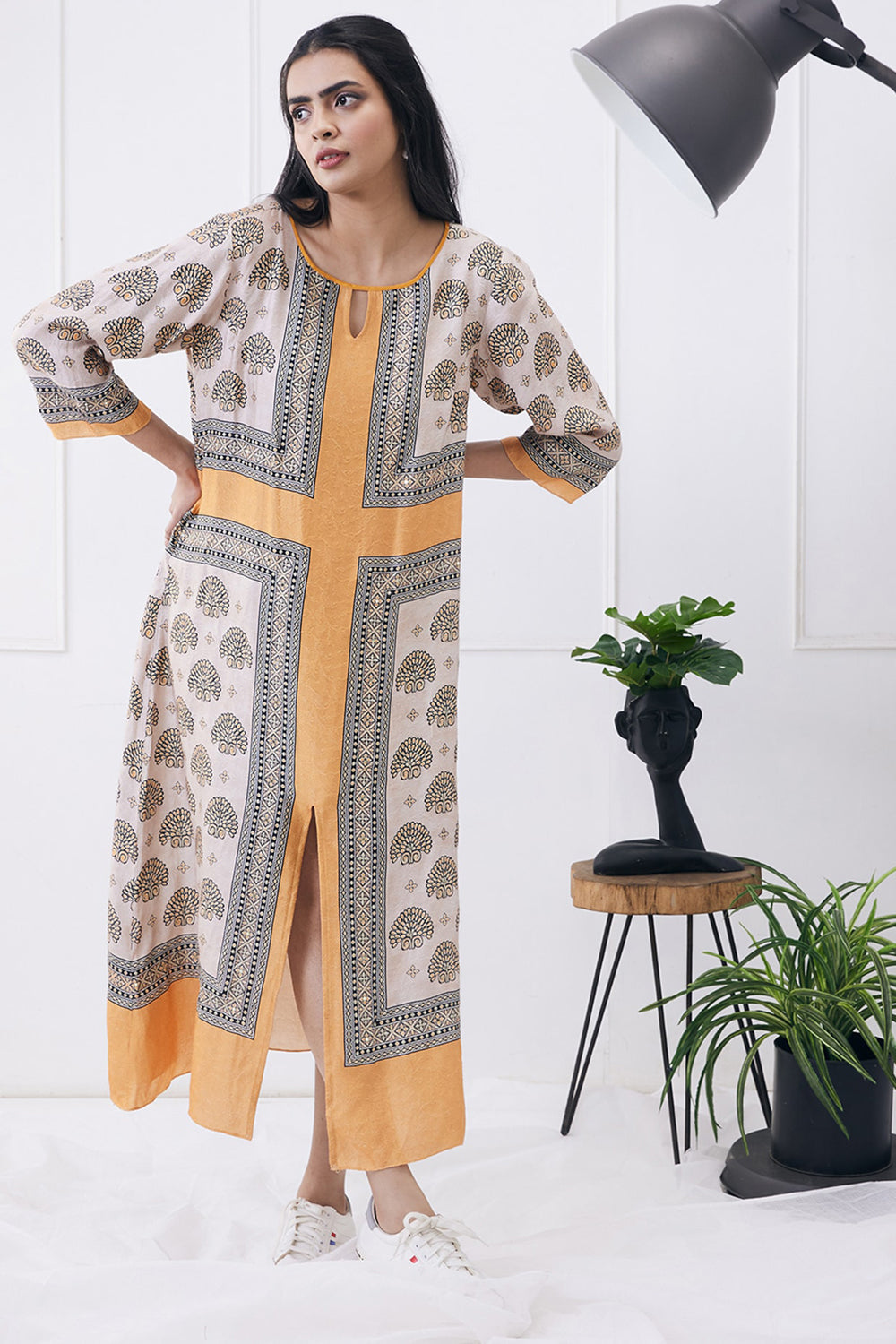 Beige Orange Ela Printed Boxy Dress
