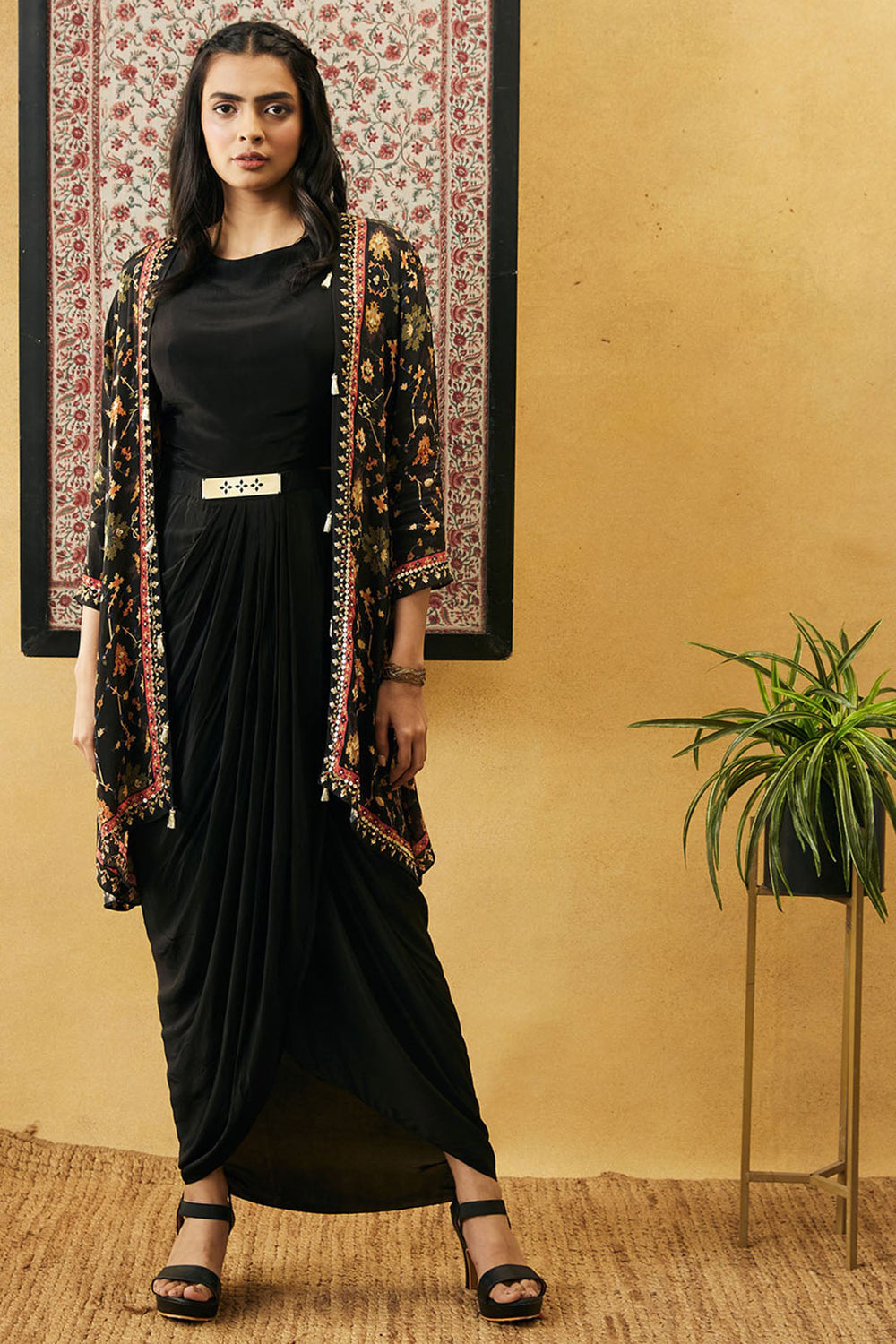 Zahra Solid Drape Dress With Jacket